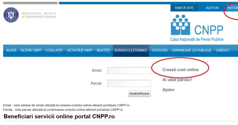 Screenshot portal CNPP 2026 creare cont online si verificare vechime in munca