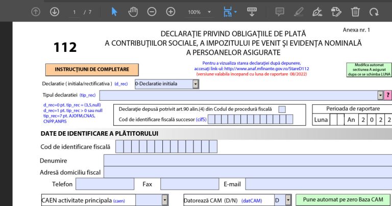Angajat frustrat care analizează contractul de muncă și fluturașii de salariu lângă un laptop deschis pe portalul ANAF